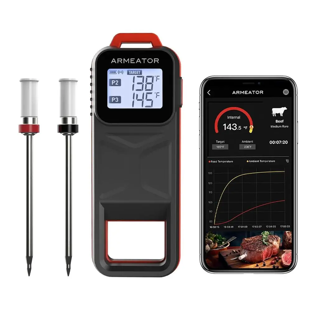 

Dual Probe Wireless Smart BBQ Thermometer with App, Long Range, Rechargeable, Water-Resistant for Grilling, Smoking, Cooking & O