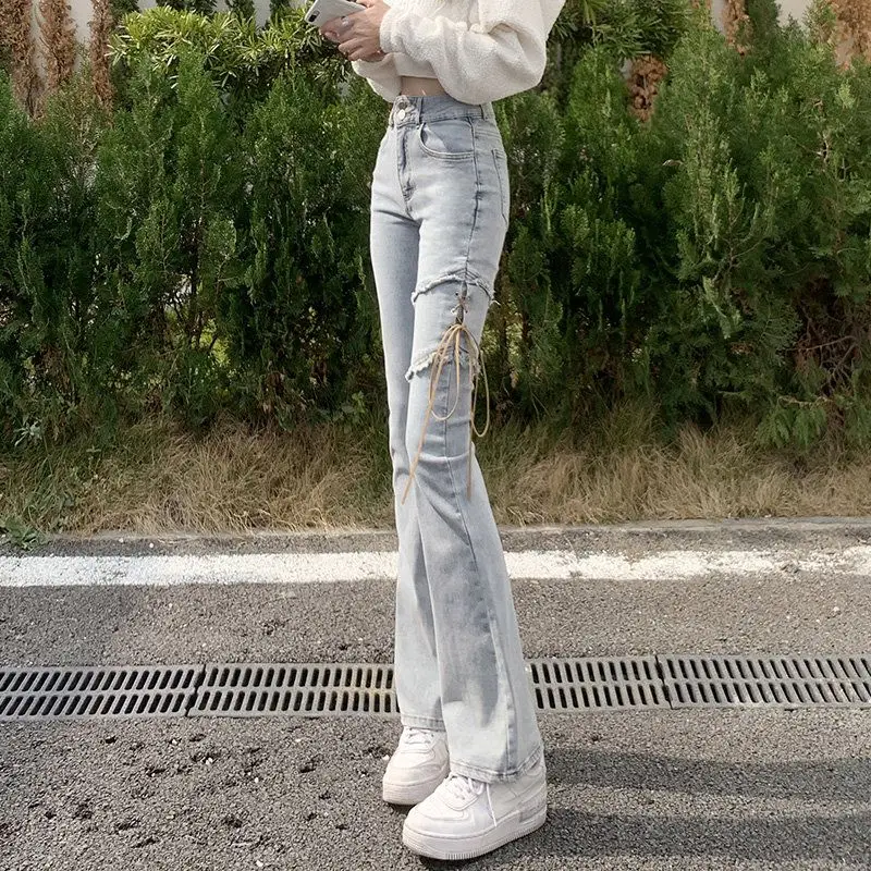 Spicy Girl with Unique and Niche Design Light Colored Strap Jeans Women's Stretch High Waist Slimming Effect Chic Micro Horn