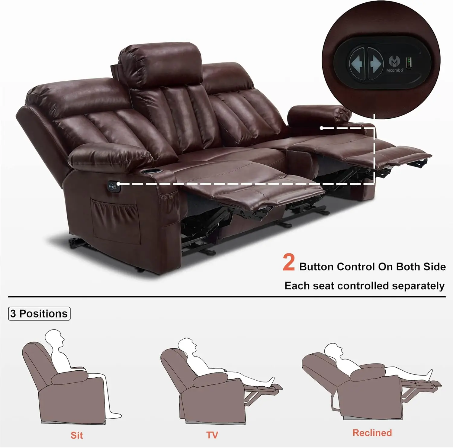 Power Reclining Sofa with Heat and Vibration USB Ports Cup Holders 3 Seat Dual Recliner Sofa for Living Room Dark Brown