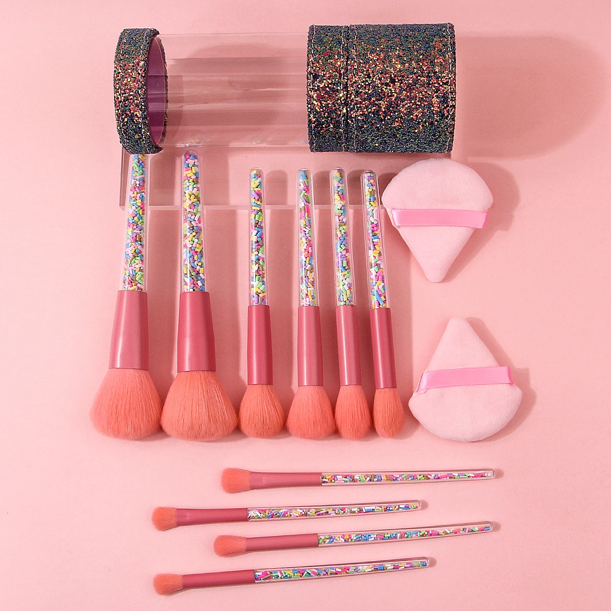 Juego de brochas de maquillaje facial multifuncional, 10 Uds., 2 uds., esponja triangular para polvos + 1 Uds., cubo de almacenamiento de lentejuelas de gran capacidad