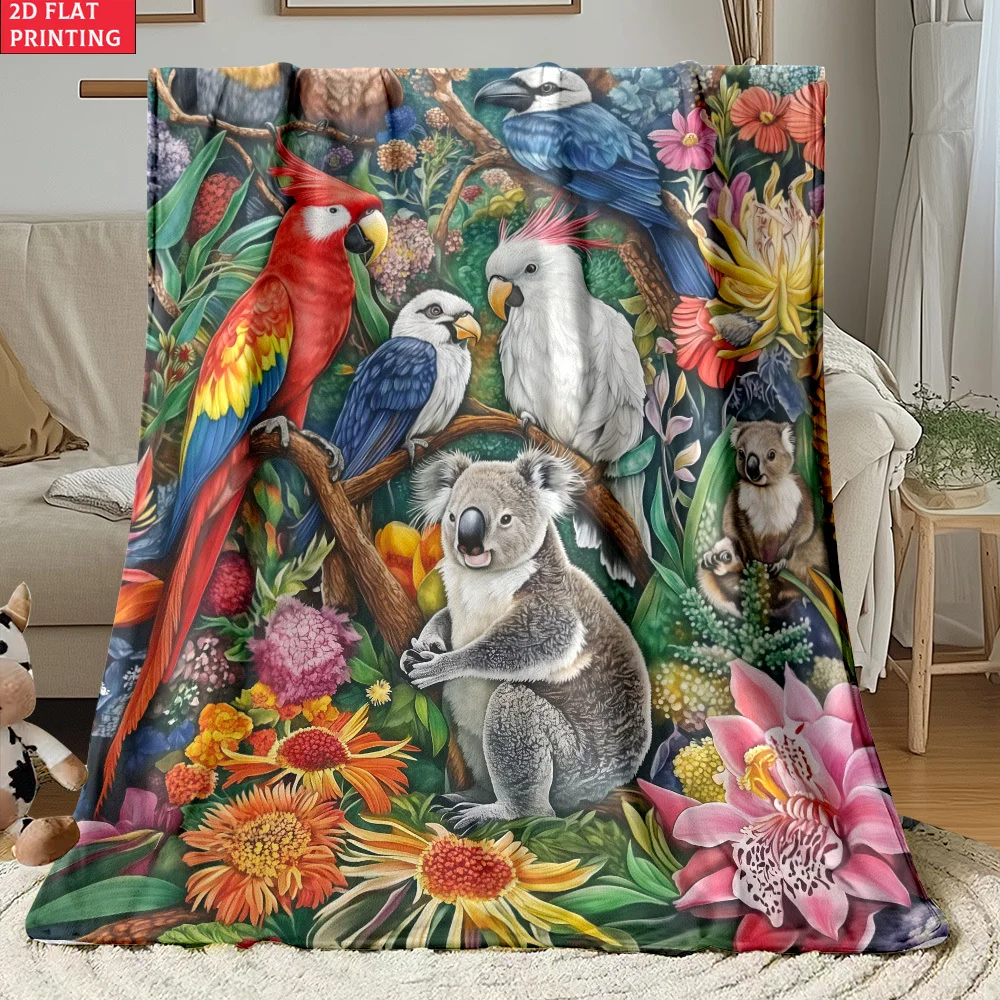 Large Tropical Jungle Wildlife Throw Blanket Boho Living Room Decor Koala Toucan Parrot Print Fleece Polyester Gift