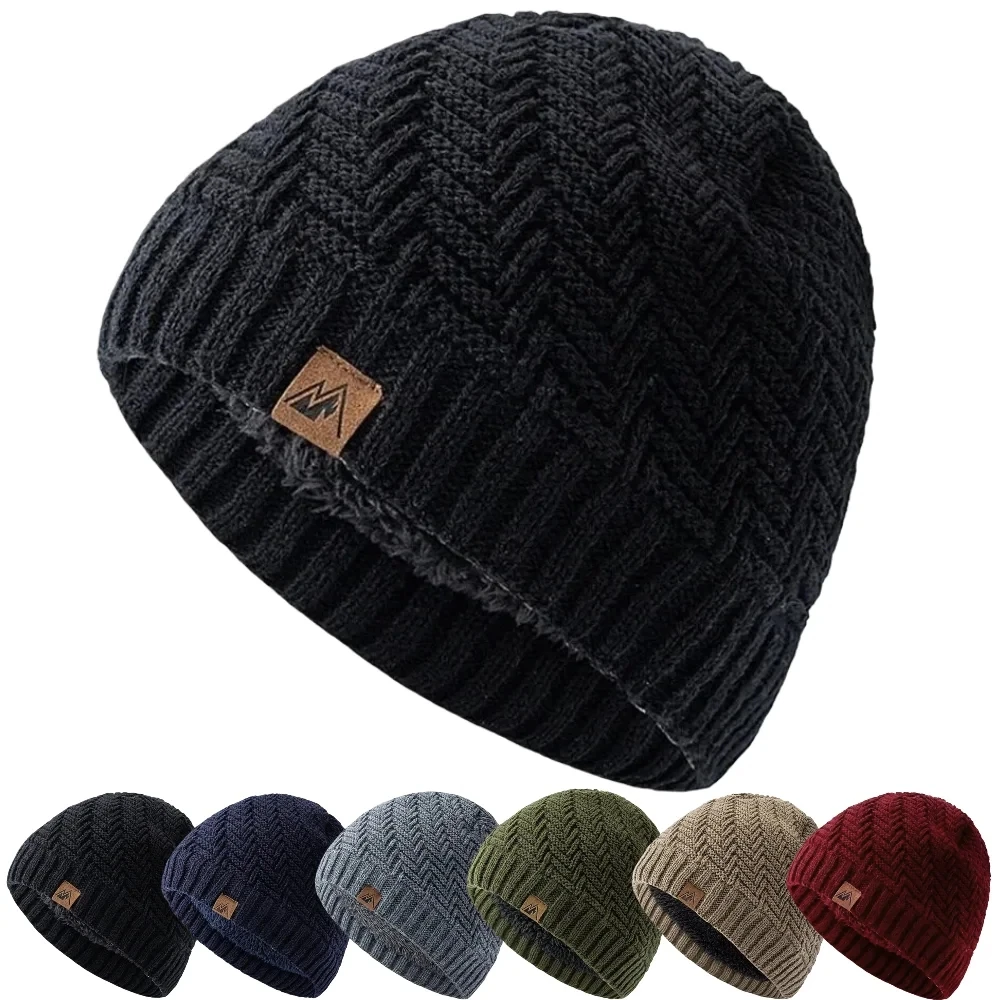 Unisex Winter Warm Hat Fashion Knitted Hats Peak Labal For Men Women Beanie Cap Plush Fur Lined Sports Outdoor Hats