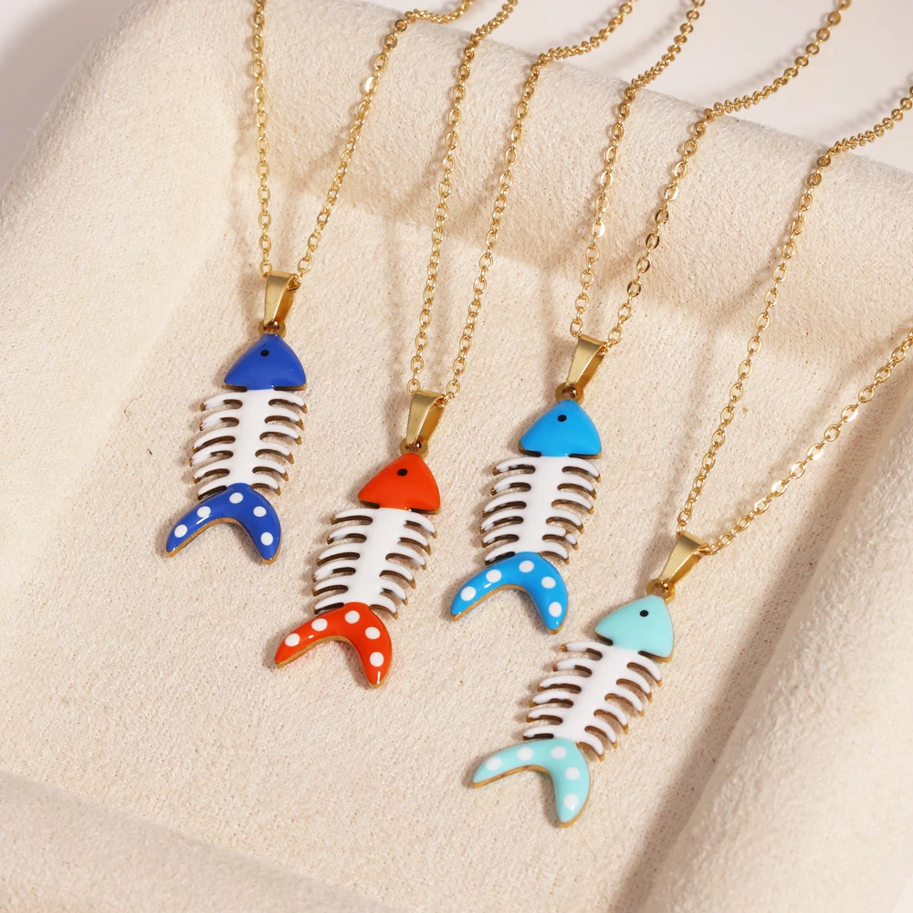 مقاوم للماء لطيف ملون المينا الأسماك قلادة القلائد للنساء الفتيات جميل الفولاذ المقاوم للصدأ الذهب اللون الصيف الشاطئ مجوهرات #6