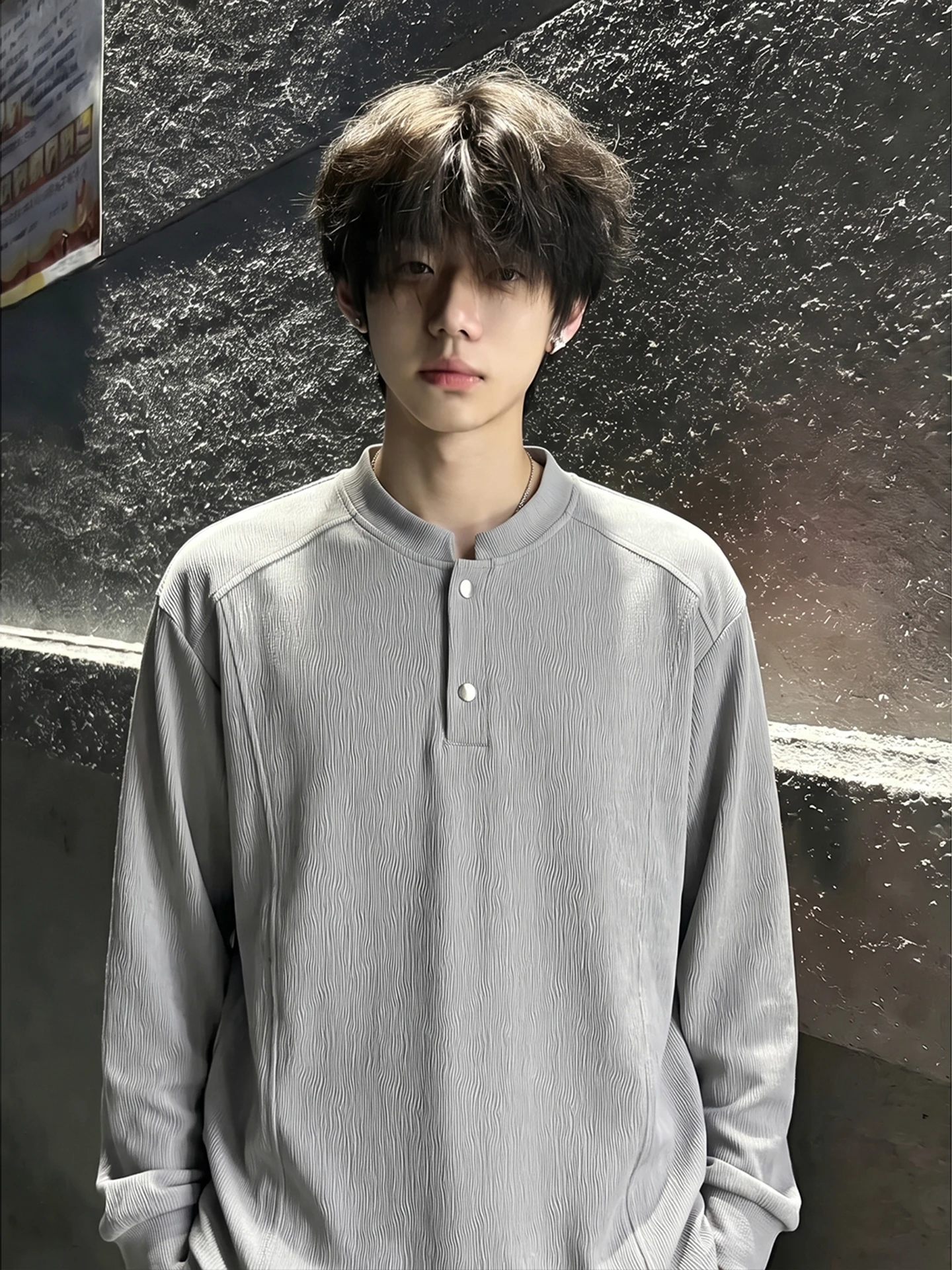 White Long Sleeve T-Shirt Men's Early Autumn Henry Collar Shoulder  Shirt Inner Wear High Texture Tree Bark Pattern