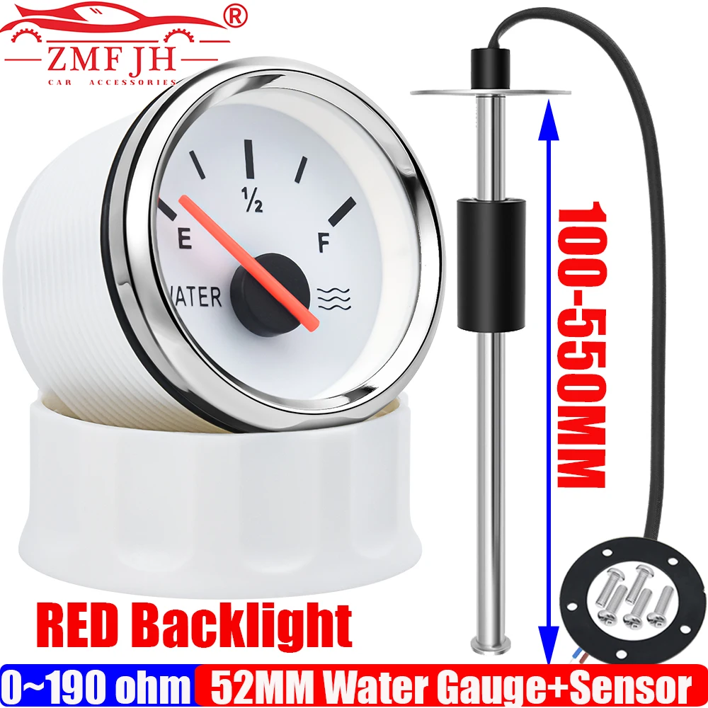 

ZMFJH 0-190ohm 2" 52MM Water Level Gauge+Water Level Sensor 100-550mm Red Light Water Tank Meter Indicator Car Boat Yacht Motor