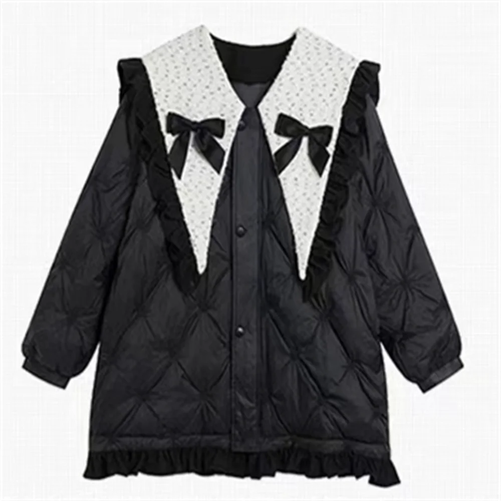 Embroidered doll collar bow diamond plaid down jacket ladies long warm jacket