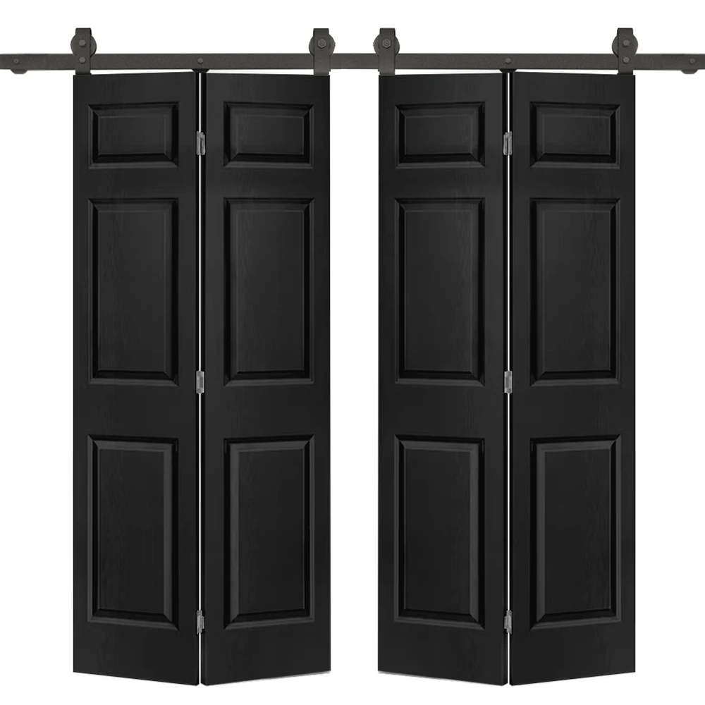 

48 in. x 84 in. 6-Panel Black Painted MDF Hollow Core Composite Double Bi-Fold Barn Doors with Sliding Hardware Kit