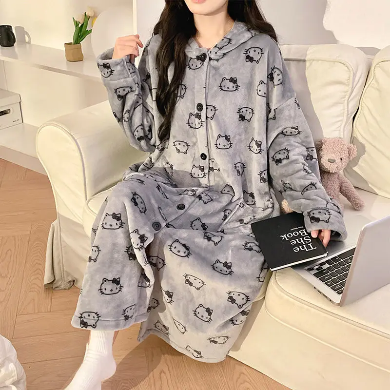 Anime Sanrios Robes Kawaii Hello Kittys Women Autumn Winter Flannel Hooded Pajamas Warm Cartoon Home Clothes Oversize Night-Robe