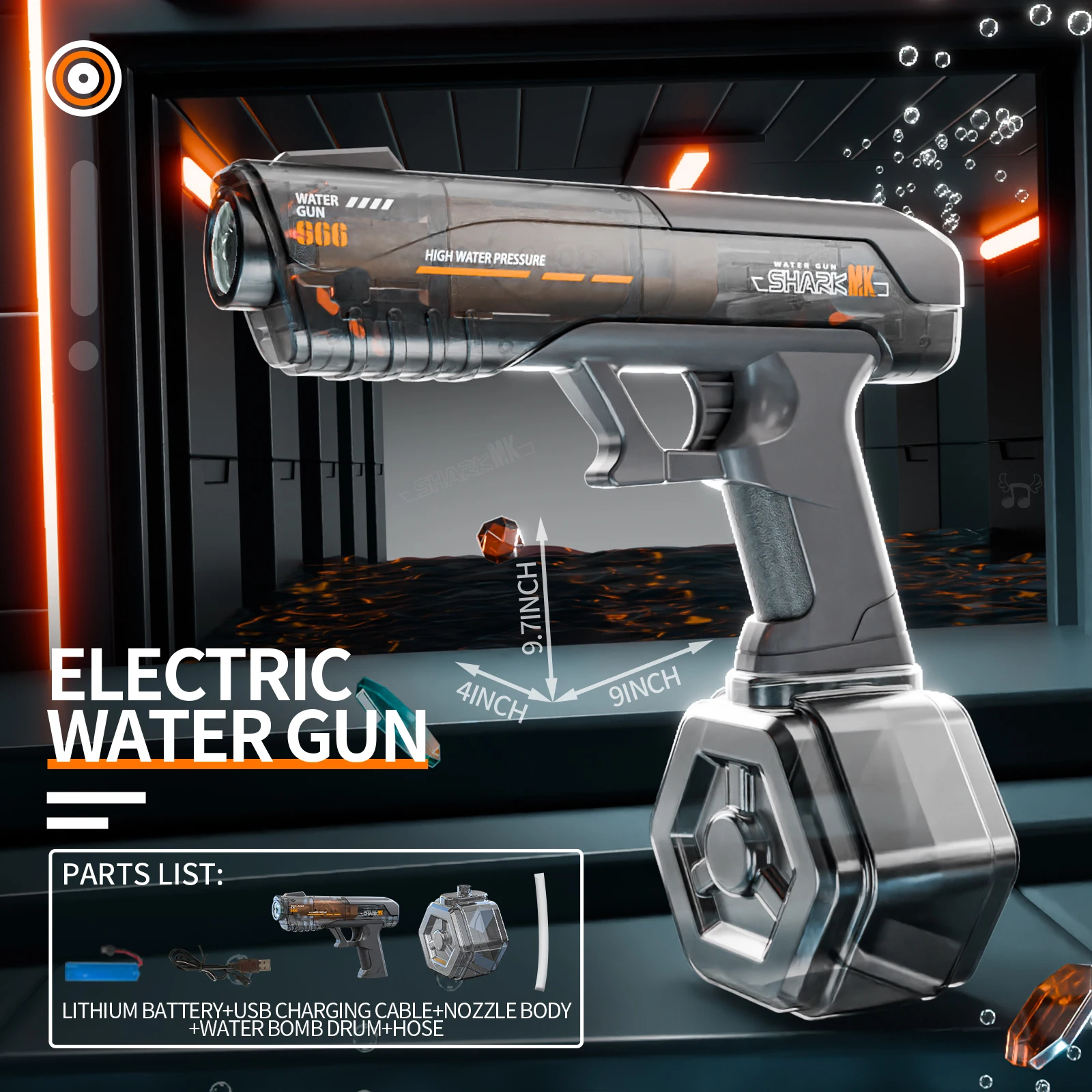 Pistola de agua eléctrica con llama de bozal de pistola realista y juguete de fiesta de piscina de playa al aire libre de verano de gran capacidad