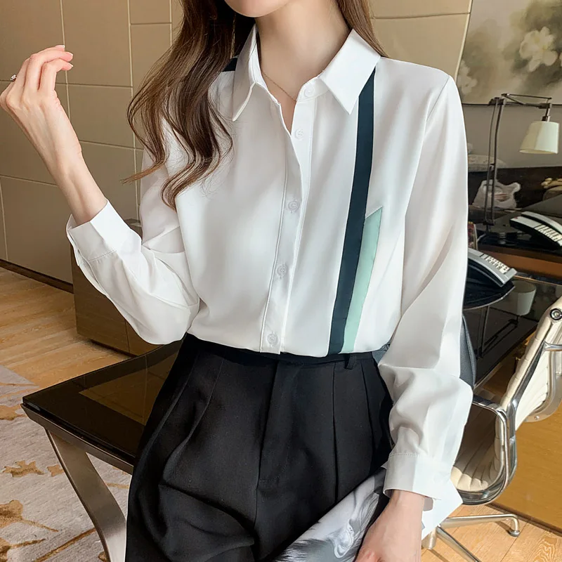 Coreano novo escritório senhora chiffon camisa moda casual manga longa blusa feminina topos