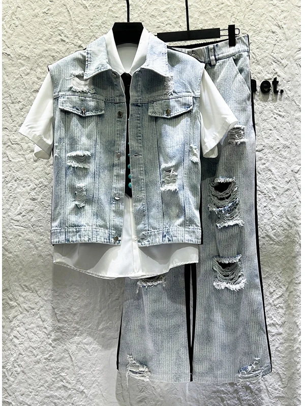 

Faionable Ripped Denim Vest And Loose Pants Set for Men Trendy Patchwork Color Blo Two-Piece Suit Autumn Collection