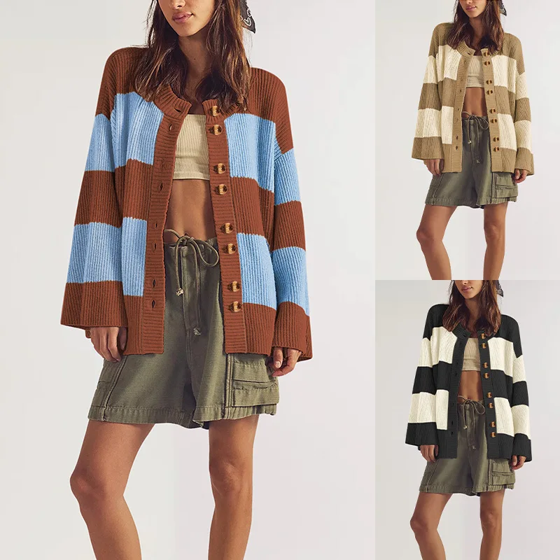 Sweater Knitted Cardigan Women New Model Fashion Autumn and Winter Europe and America Splice Stripe Long Sleeves Coat