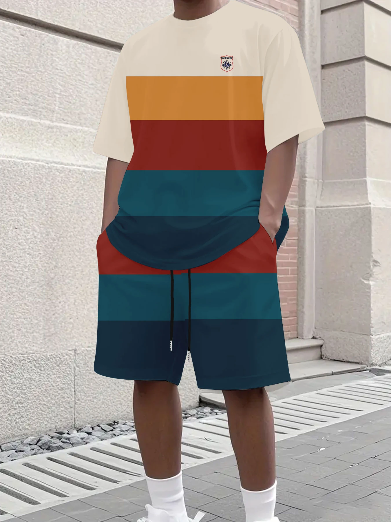 

Men's Set 5 Color Stripe Color Block Minimalist Athletic Casual Drawstring Shorts Short Sleeve Moisture Wicking Coordinated
