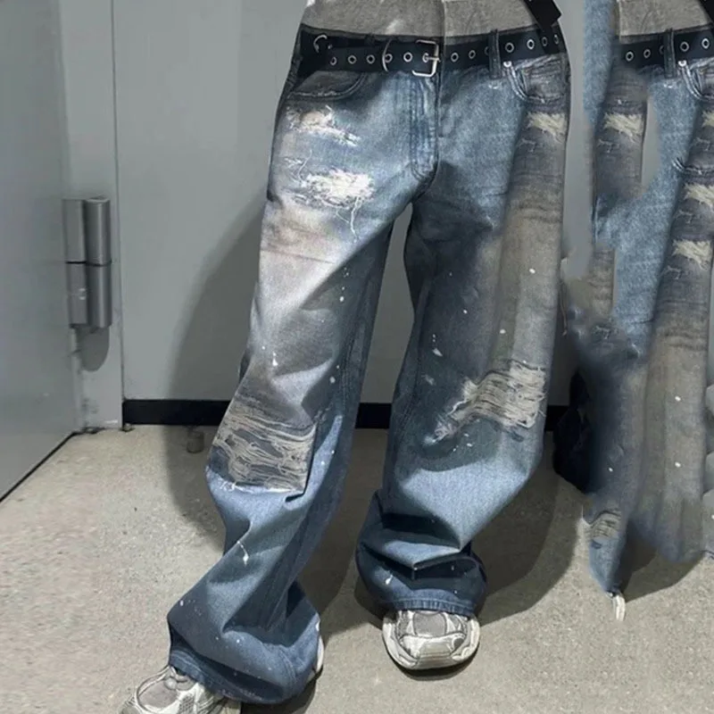 HKSH Primavera Estate dei Nuovi Uomini di High Street Chic Moda Distressed Jeans Lavati Chic Contrasto di Colore Dritto Pantaloni a Gamba Larga HK7030