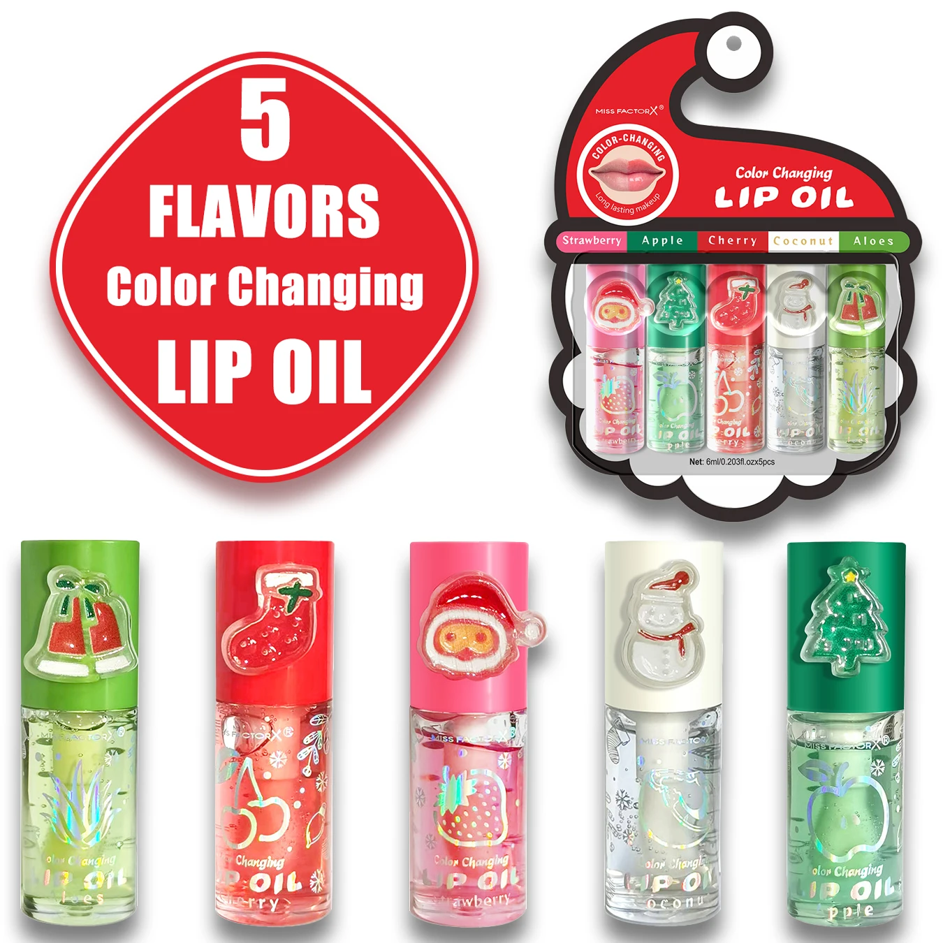 Juego de aceite labial navideño de 5 sabores con infusión de ácido hialurónico: hidratación profunda, color de labios duradero, adecuado para uso todo el día