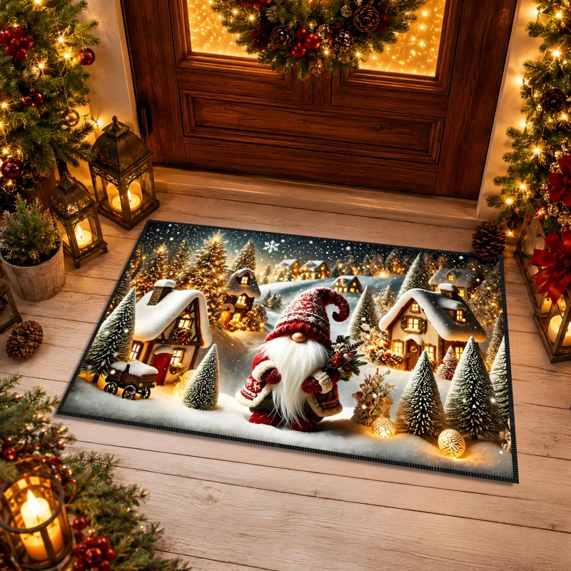VIKAMA Xmas Front Door Mat Festive Gnome Winter Village Snow Tree House Print Non Slip Floor Mat For Indoor Outdoor Entry Decor