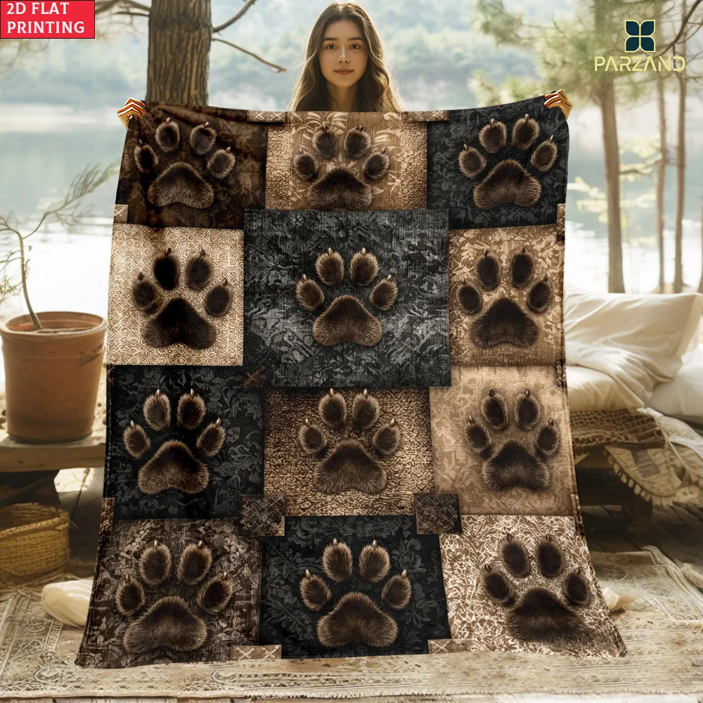 2D Flat Single-Piece Black Paw Print HD Printed Blanket. Soft and Warm Flannel Blanket, Suitable for Travel, Camping, Sofa, Livi