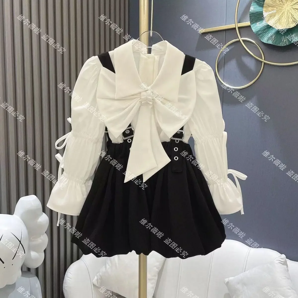 Children Sets Blouses Turn-down Collar Full Sleeve Pullover Bowknot Skirts A-line Above Knee Length Korean Sweet Casual Girls