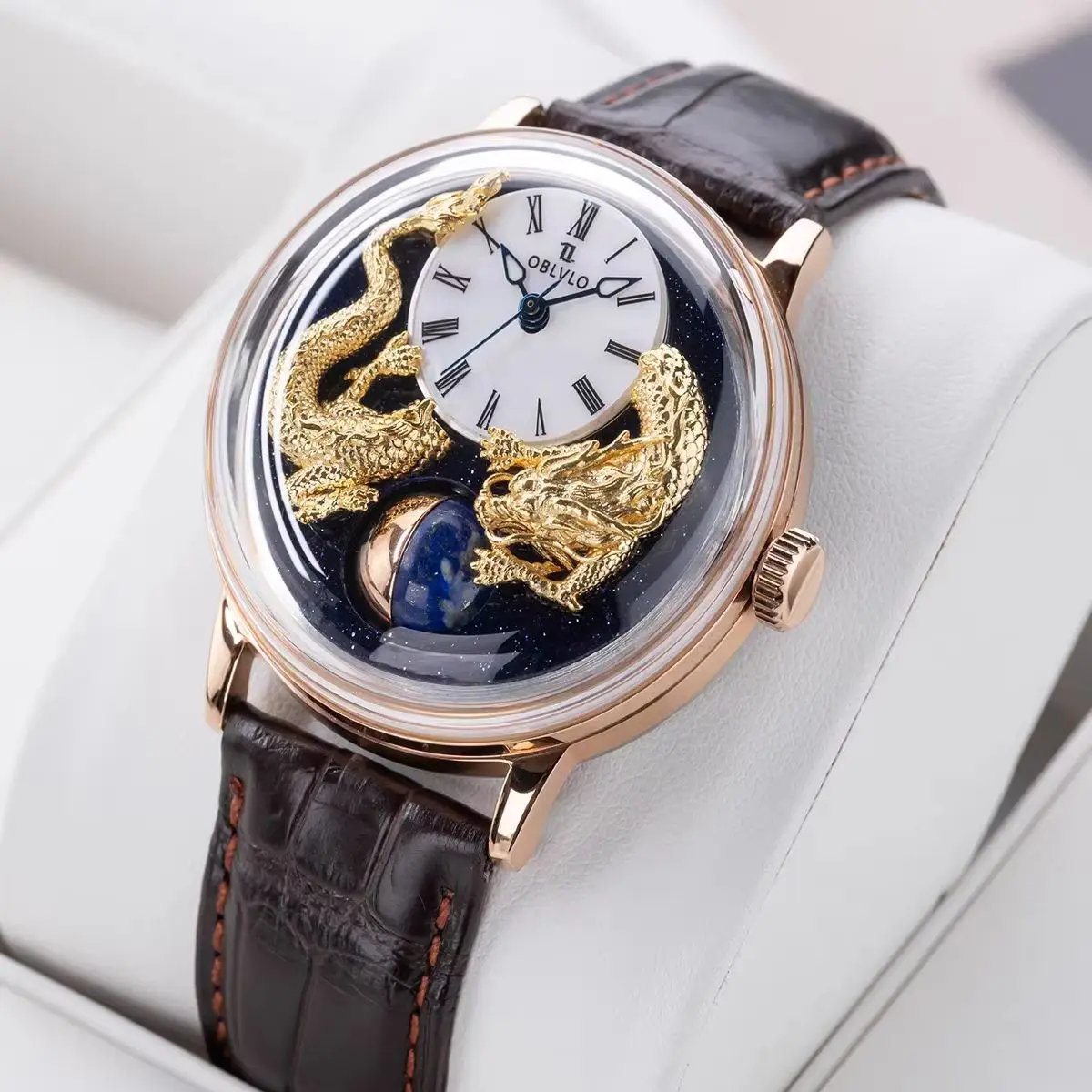 OBLVLO Men Automatic Watch 42mm Mechanical Wristwatch Luminous 50m Waterproof Sapphire Mirror Rotatable 24 Hours Ball Dial