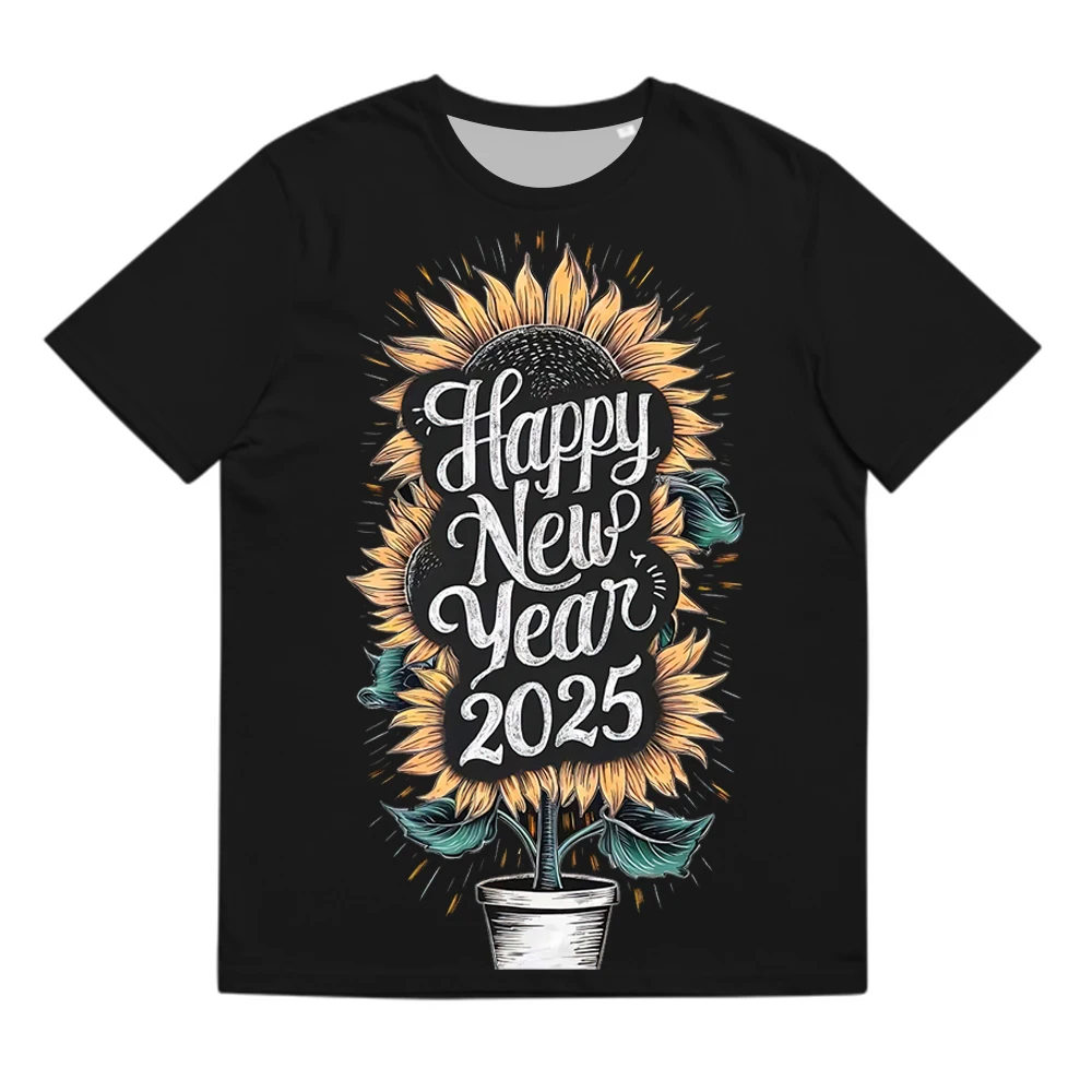 2025 New Tees Happy New Year 3D Printing Graphic T-shirt 100% Cotton Short-sleeved T Unisex Casual Tops Kids New Year Gifts