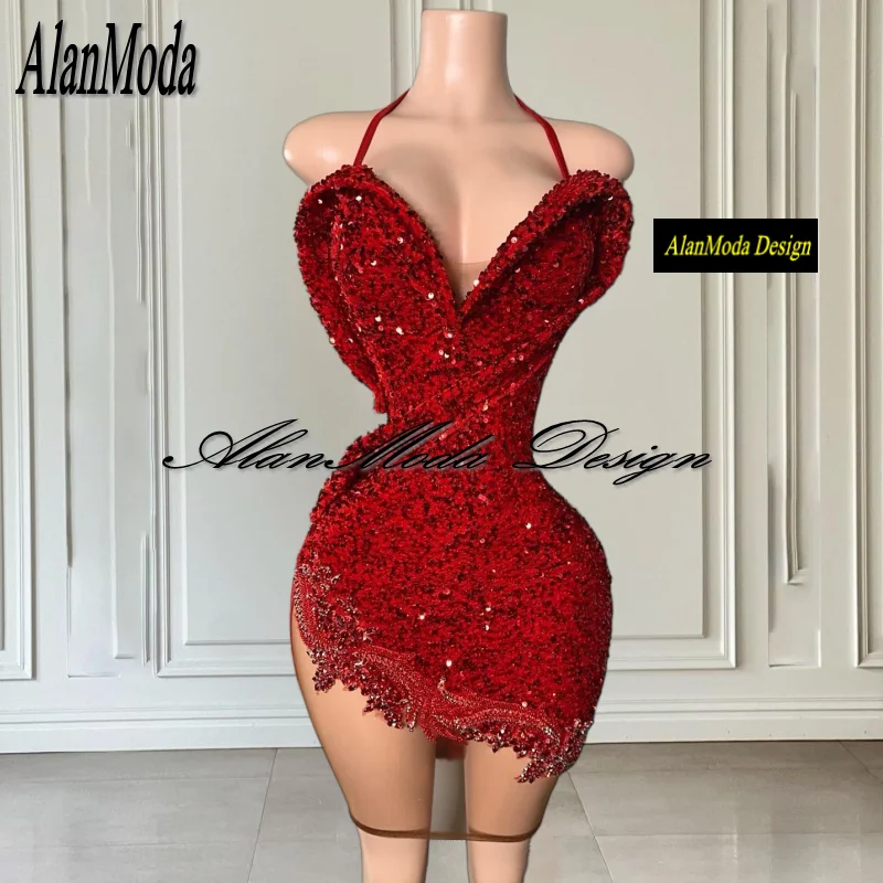 Giltter Red Birthday Dress For Women Halter Short Sequin Prom Gowns Rhinestone Backless Mini Party Dress Luxury Customized