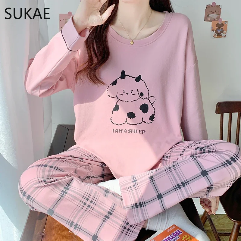 SUKAE-Conjunto de pijama con estampado de cachorro rosa para mujer, ropa de dormir Coreana de manga larga con cuello redondo, de algodón de