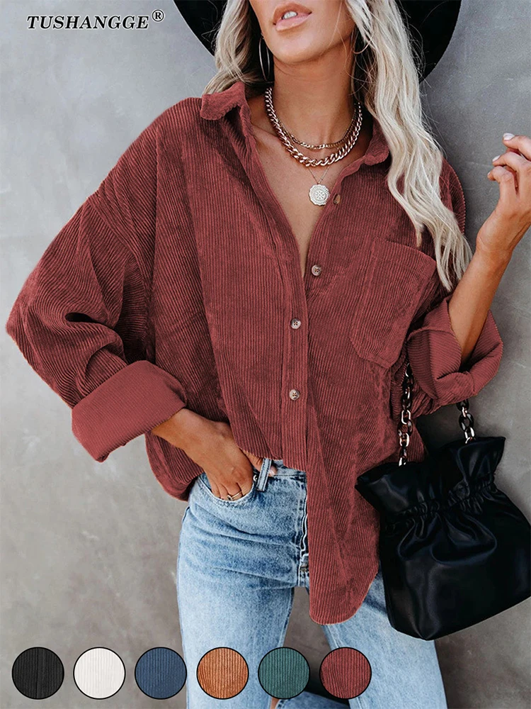 2024 New Autumn Women Button Black Corduroy Shirts Solid Color Turn-down Collar Blouses Long Sleeve Casual Loose Pockets Shirt