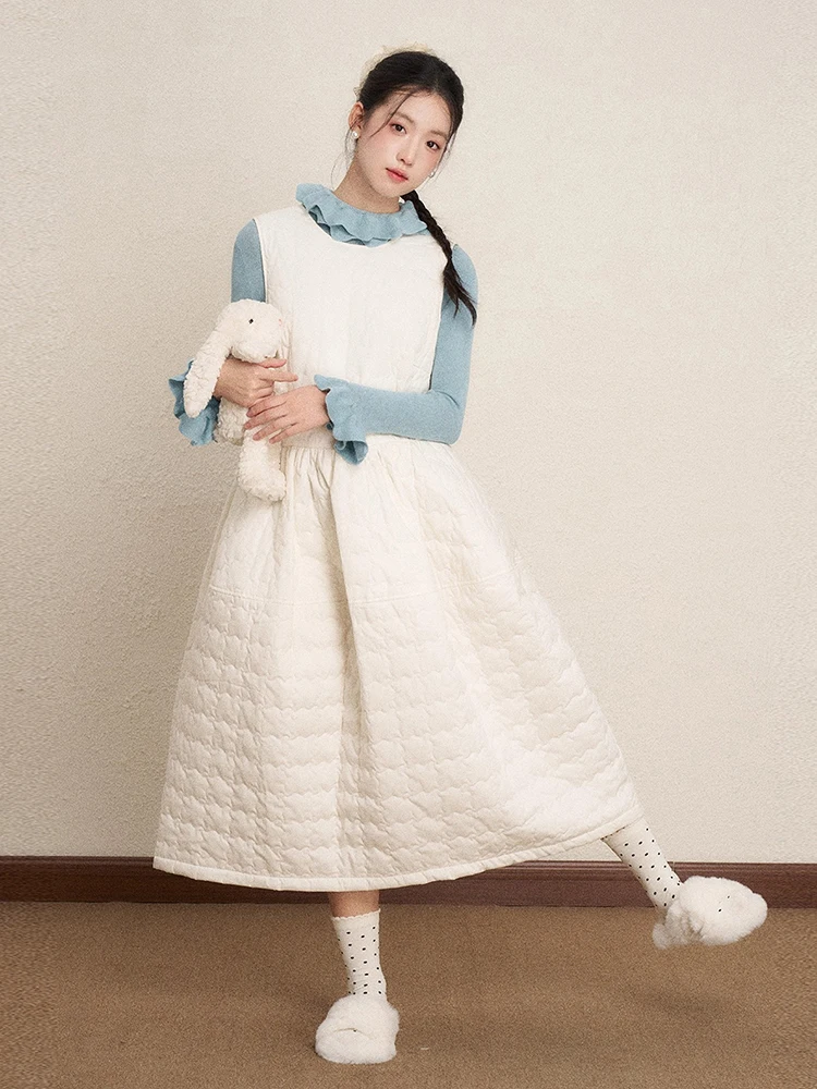 REDDACHiC Vestido feminino acolchoado de algodão, camada sólida, casual, bolsos, sem mangas, midi, vestido longo, roupa coreana de outono