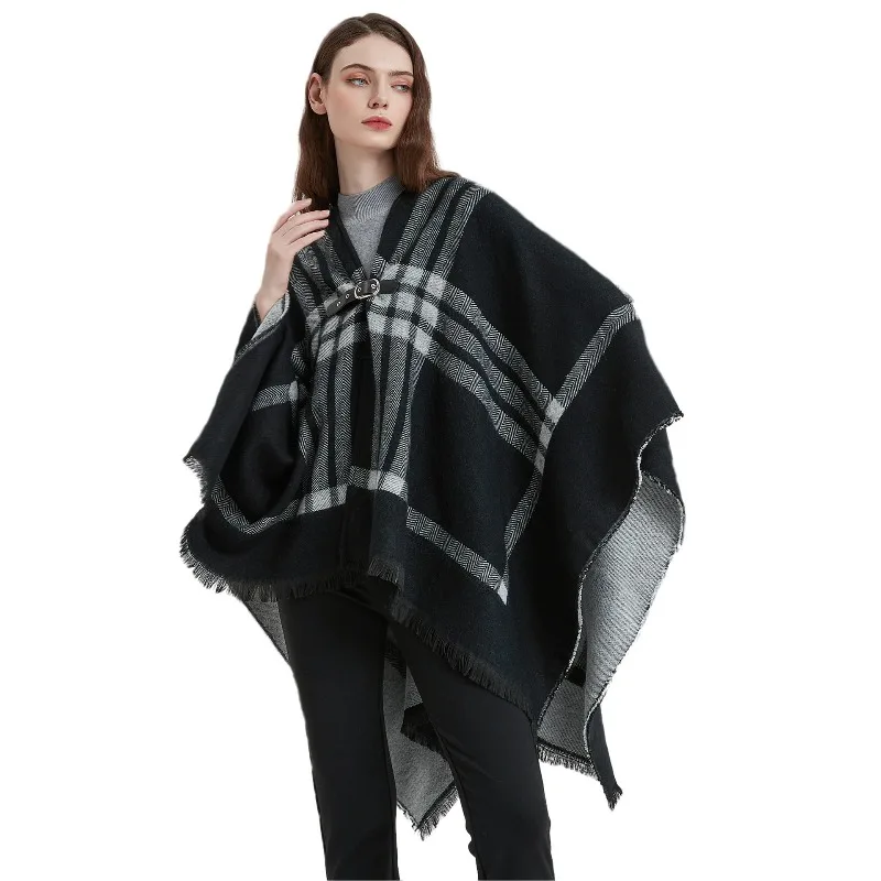 

New Tassel Imitation Cashmere Soft and Comfortable Black and White Checkered Autumn and Winter Leather Buckle Slit Women's Shawl