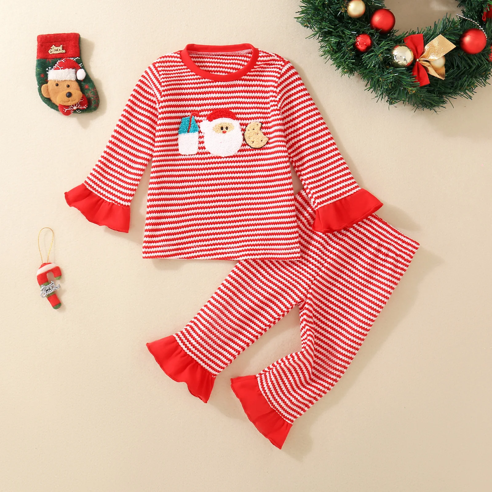 

Casual Spring/Fall Season Santa Claus Embroidered Striped Long-Sleeve Top and Pants Two-Piece Set