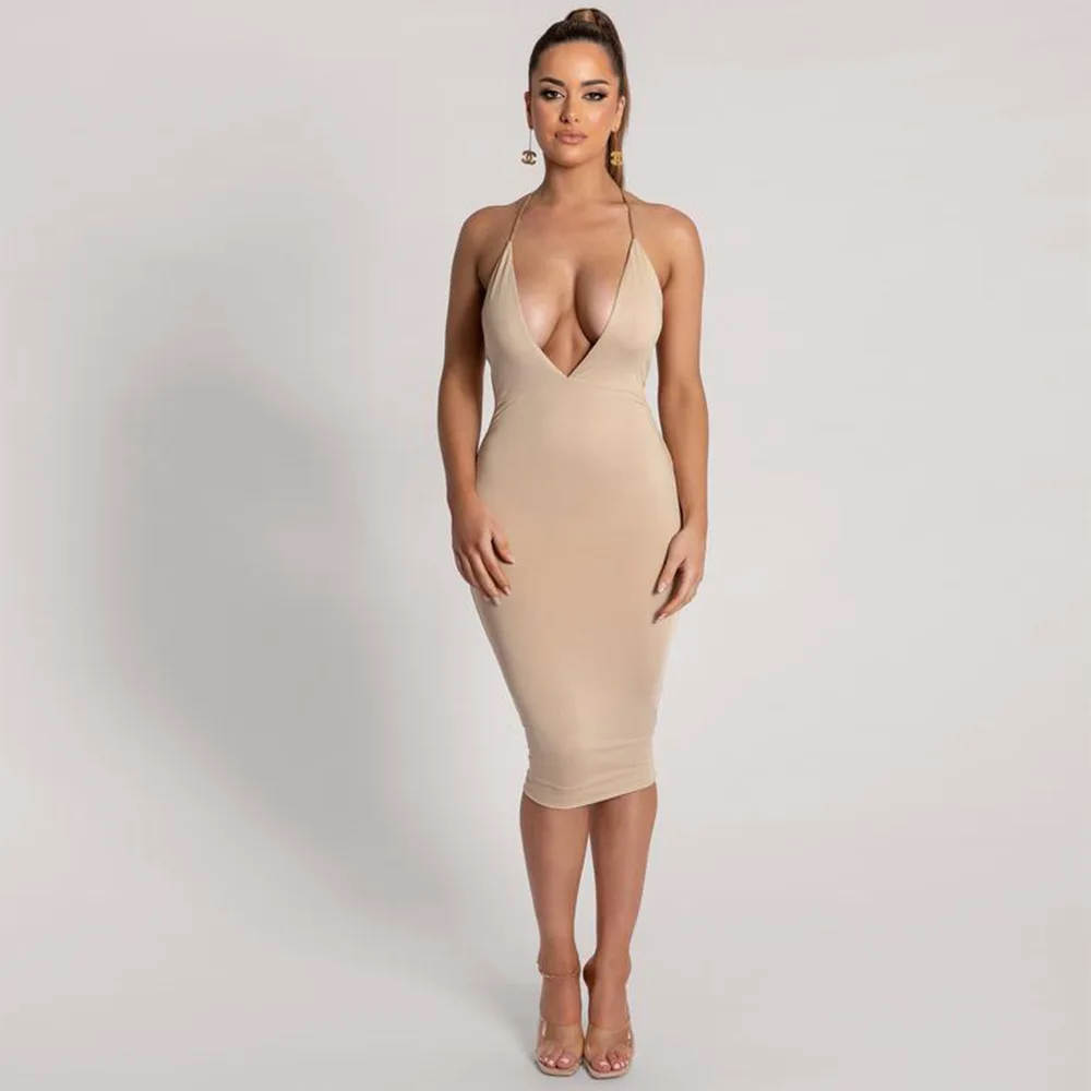 Women 2024 Nightclub Short Dress Cross Border Sexy Dress Women's Deep V Chain Neck Hanging Open Back Slim Mid Length Dress