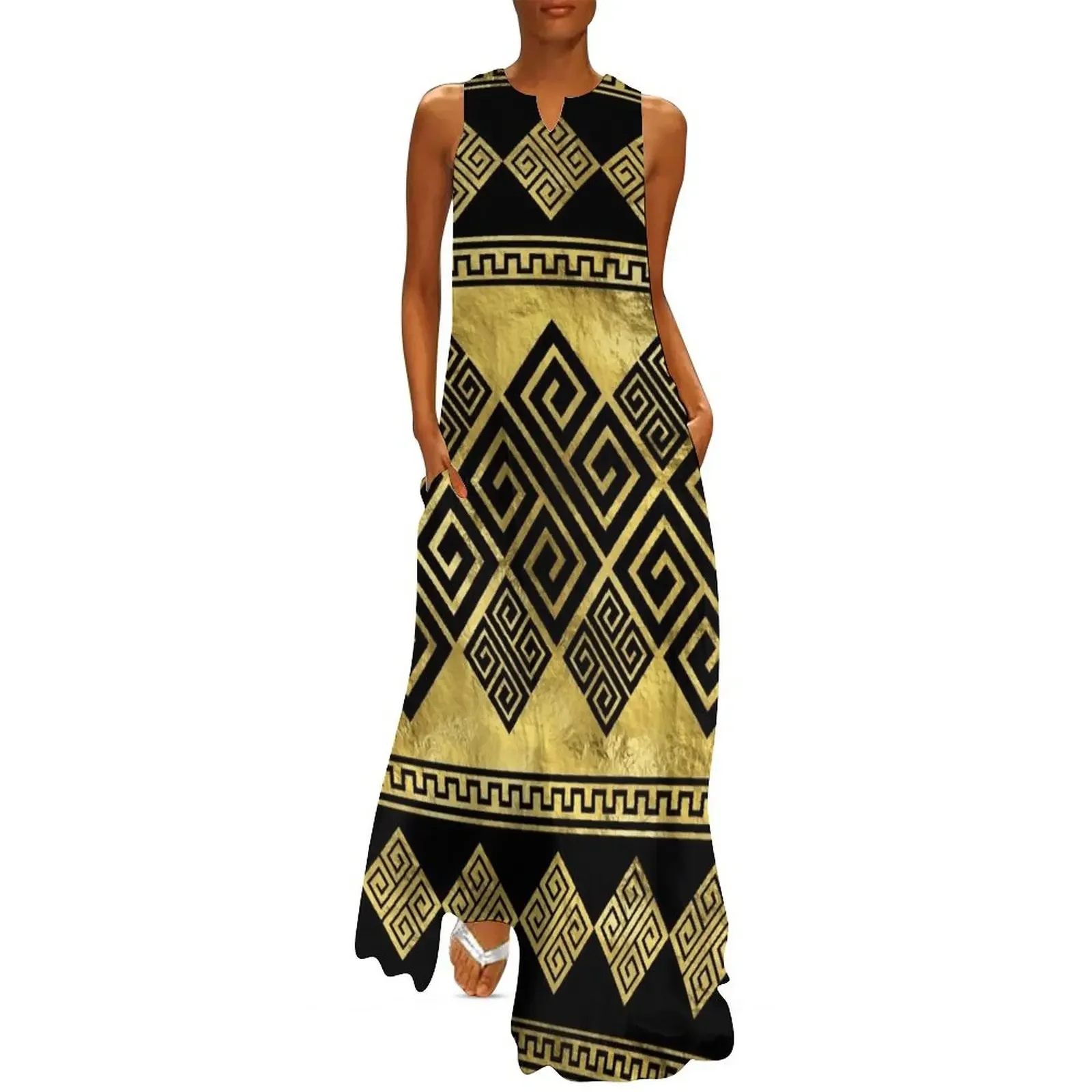 

Greek Meander - Greek Key Black and gold Long Dress women's elegant loose dresses dress women summer 2025 cocktail dresses Dress
