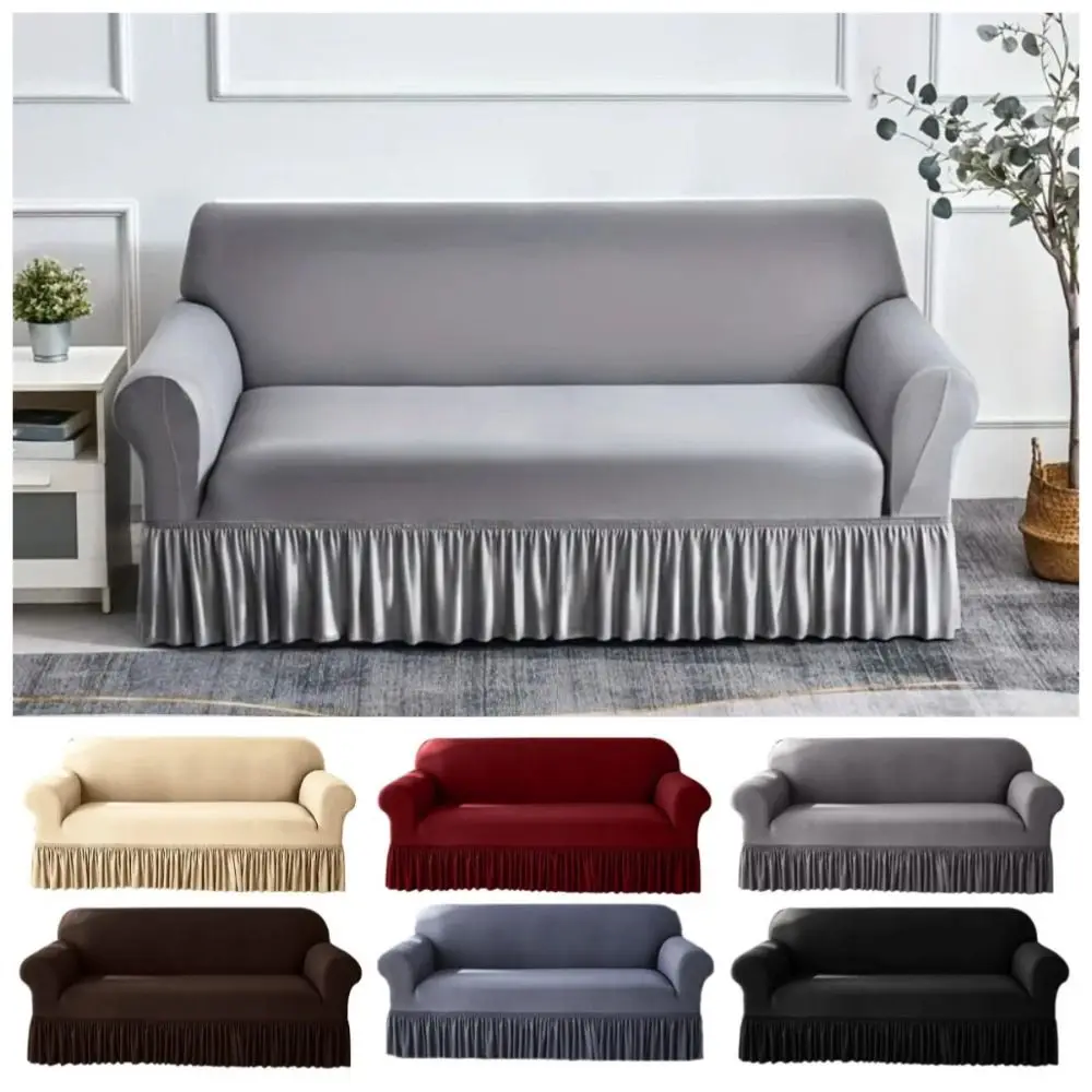 

Dustproof Stretch Sofa Slipcover 1/2/3/4 Seat Elastic Non-slip Sofa Cover with Skirted Edge Washable Solid Color Couch Cover