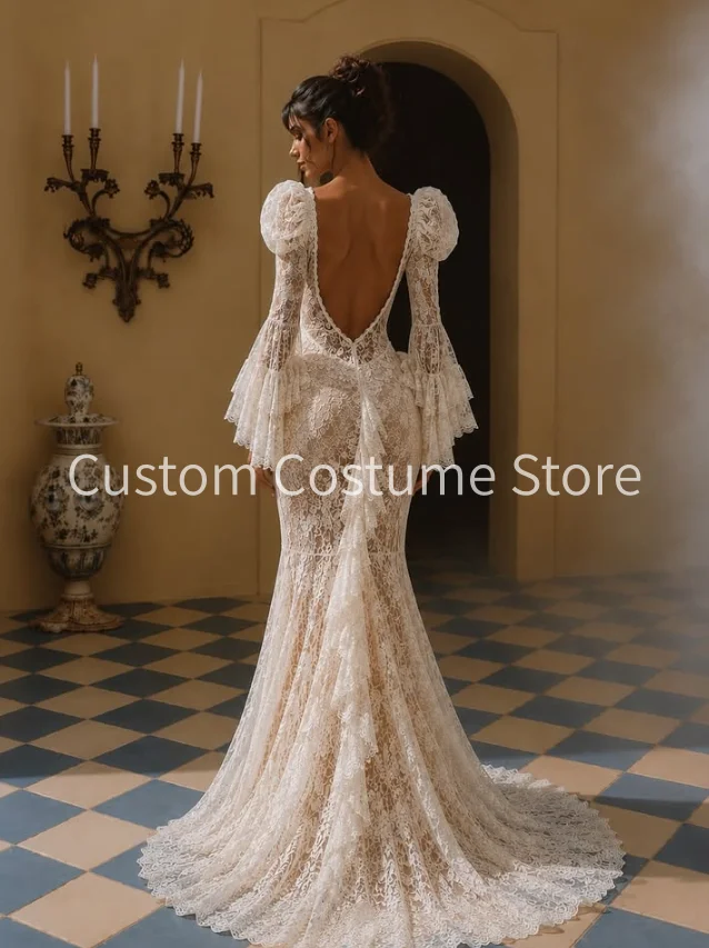 Champagne Modern Birde Mermaid Wedding Dresses Backless Bubble Long Sleeve Boning Holiday Bridal Gown Outfit Bespoke 2027