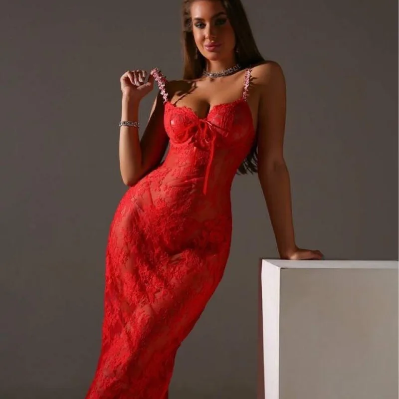 

Sexy Lace Lingerie Set Night Dress Women Valentine Nightwear Adjustable Straps New Sexy Lace Long Dress with Embroidered Straps