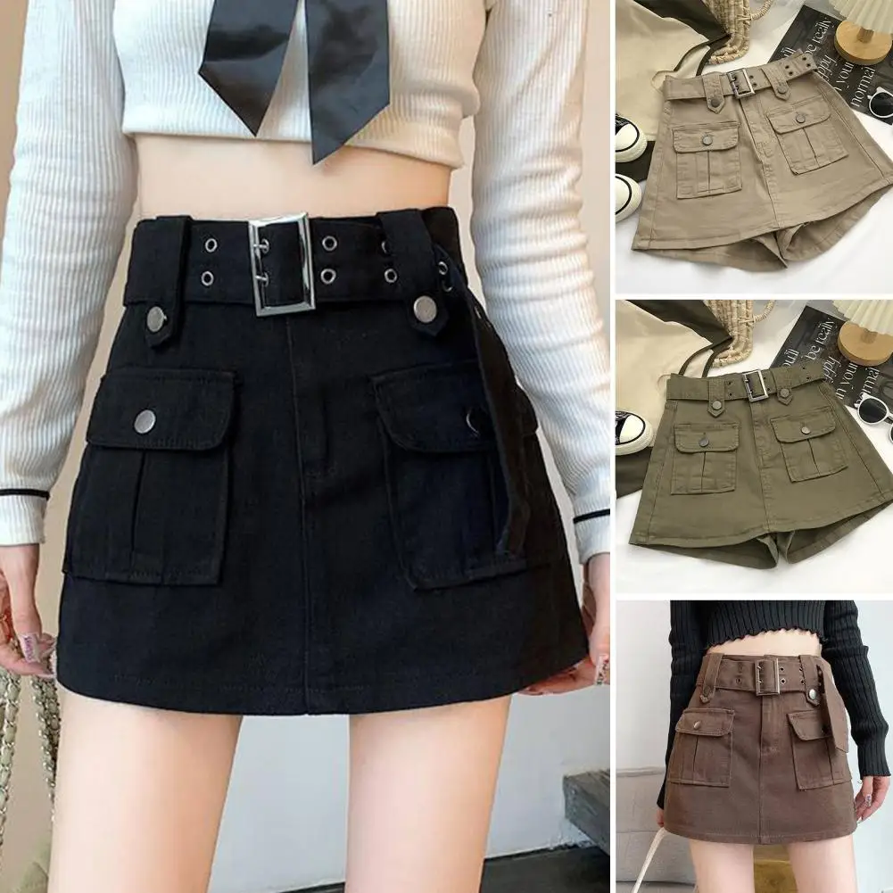 Women Skirt Korean Style High Waist Mini Skirt With Belt Big Pocket Cargo Skirt Shorts Conservative Anti-exposure Shorts Skirt