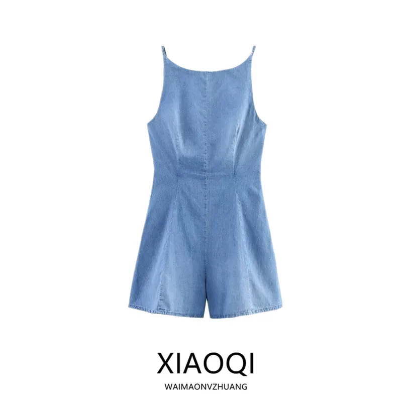 Summer 2025 New Women's Faionable Denim ter ort One-Piece Suit Versatile Commute Straight Leg mid Waist Polyester