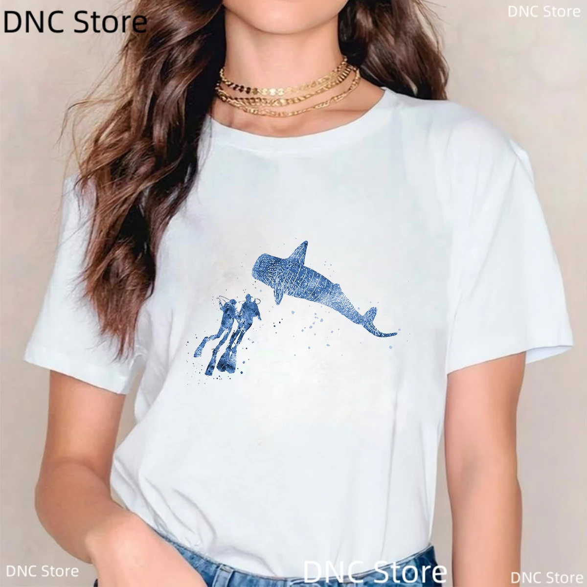 Scuba Diver, Blue Whale Shark, Scuba Couple Pattern Print T-Shirt Women Fashion Harajuku Shirt Summer Femme T Shirt White Tops