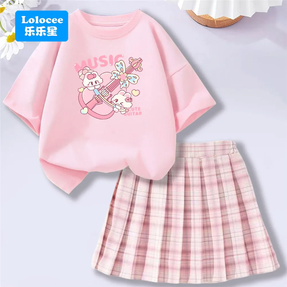 Girls' Trendy School Outfit - Cartoon Music Guitar Rabbit Print Tee + Plaid Skirt Two-Piece Set Teenage Girls Clothes Set