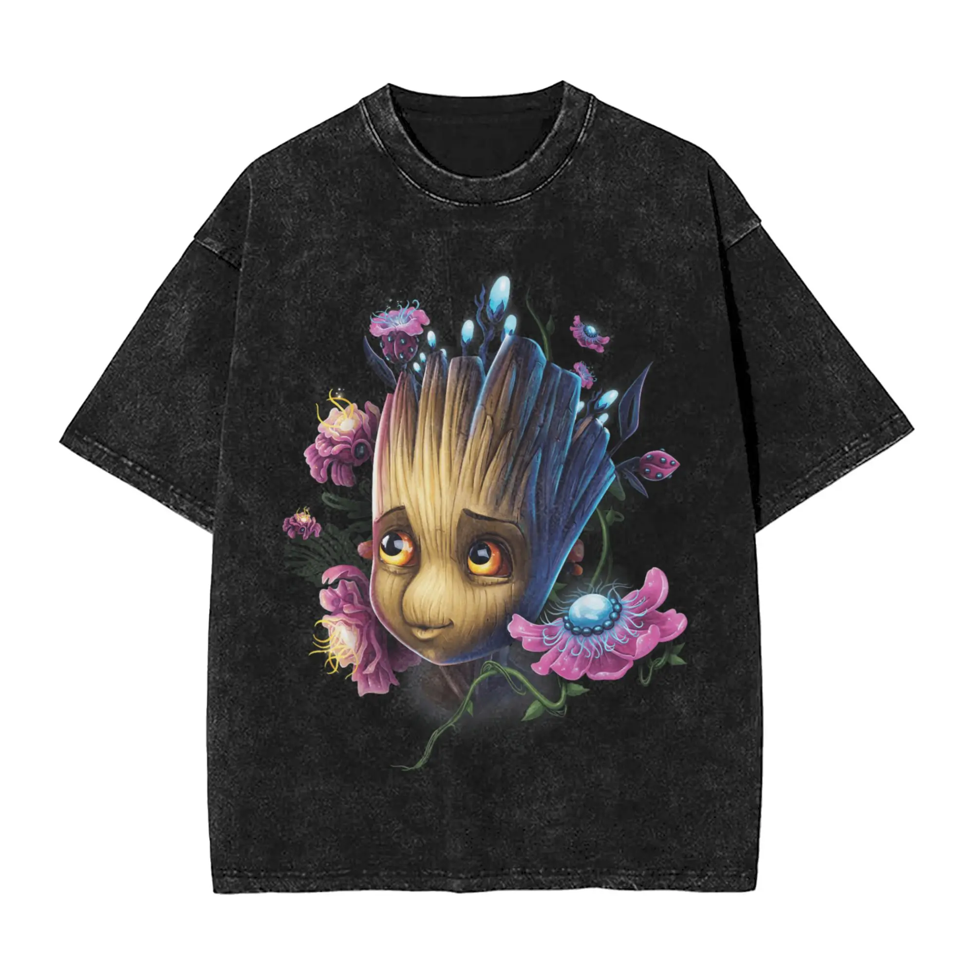 

Стражи Галактики Groot Flowers Графическая стираная футболка Мужские хлопковые футболки Летние футболки в стиле Харадзюку с круглым вырезом Одежда больших размеров