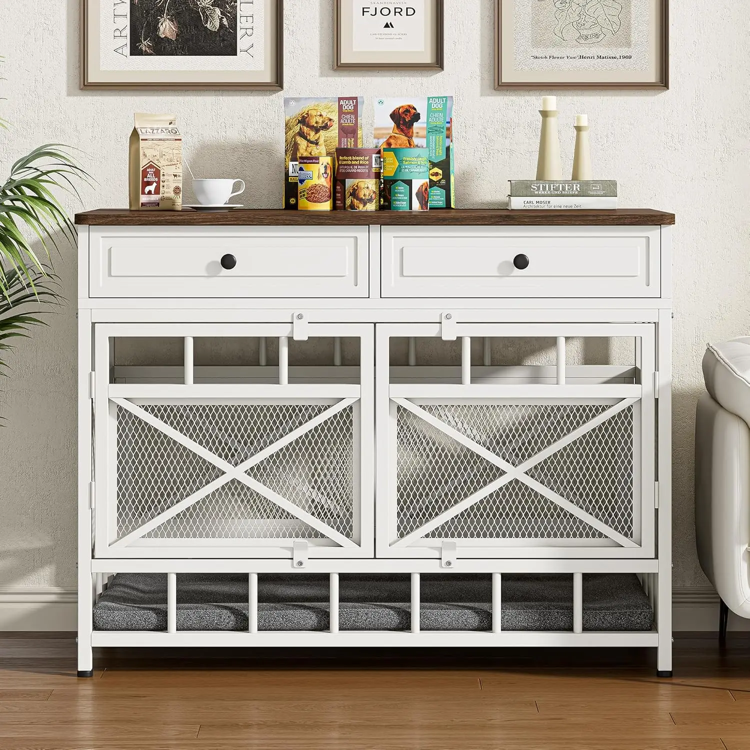 أثاث صندوق كلب كبير مقاس 44 بوصة، بيت كلب خشبي مع أدراج تخزين للكلاب المتوسطة/الكبيرة، بيت للكلاب المزخرف