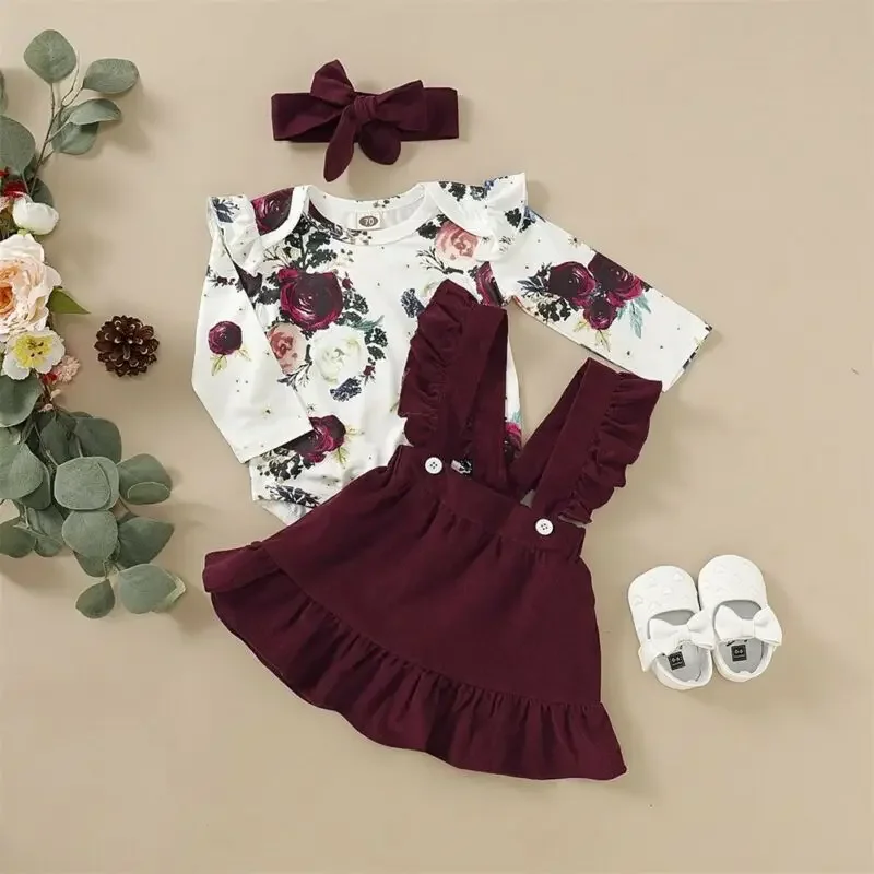 Newborn Baby Girl Clothes Set Floral Bodysuit Romper Jumpsuit Tops T Shirt Suspender Skirts Bow Headband Outfit Button 2pcs
