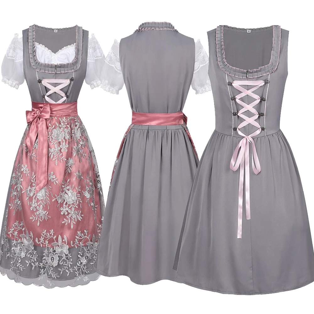 

Retro Oktoberfest Costume Dirndl Dress Women Lace Cold Shoulder Maid Apron Dress Bavarian German Beer Costume Performance Wear