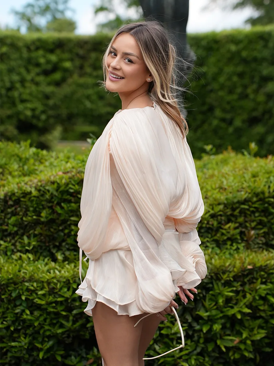 Mini robe portefeuille sexy à col en V pour femme – Robe élégante à lacets de style caraco avec épissure de manches, tenue de soirée de couleur unie