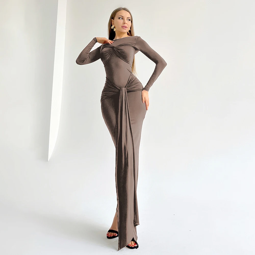White Long Sleeve Bodycon Long Dress for Women – Elegant Knot Detail Slim Fit  Beach Holiday Party Evening Gown