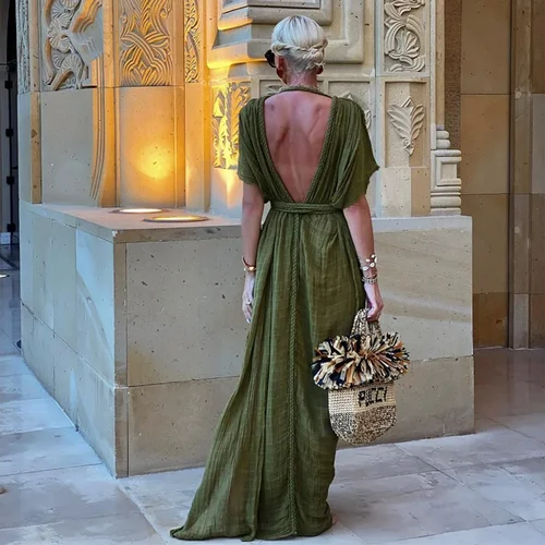 Imagen 2 del producto Vestido bohemio verde para vacaciones para mujer, vestidos largos holgados informales lisos elegantes, vestido playero Sexy de 2 lados con abertura y espalda descubierta 2024