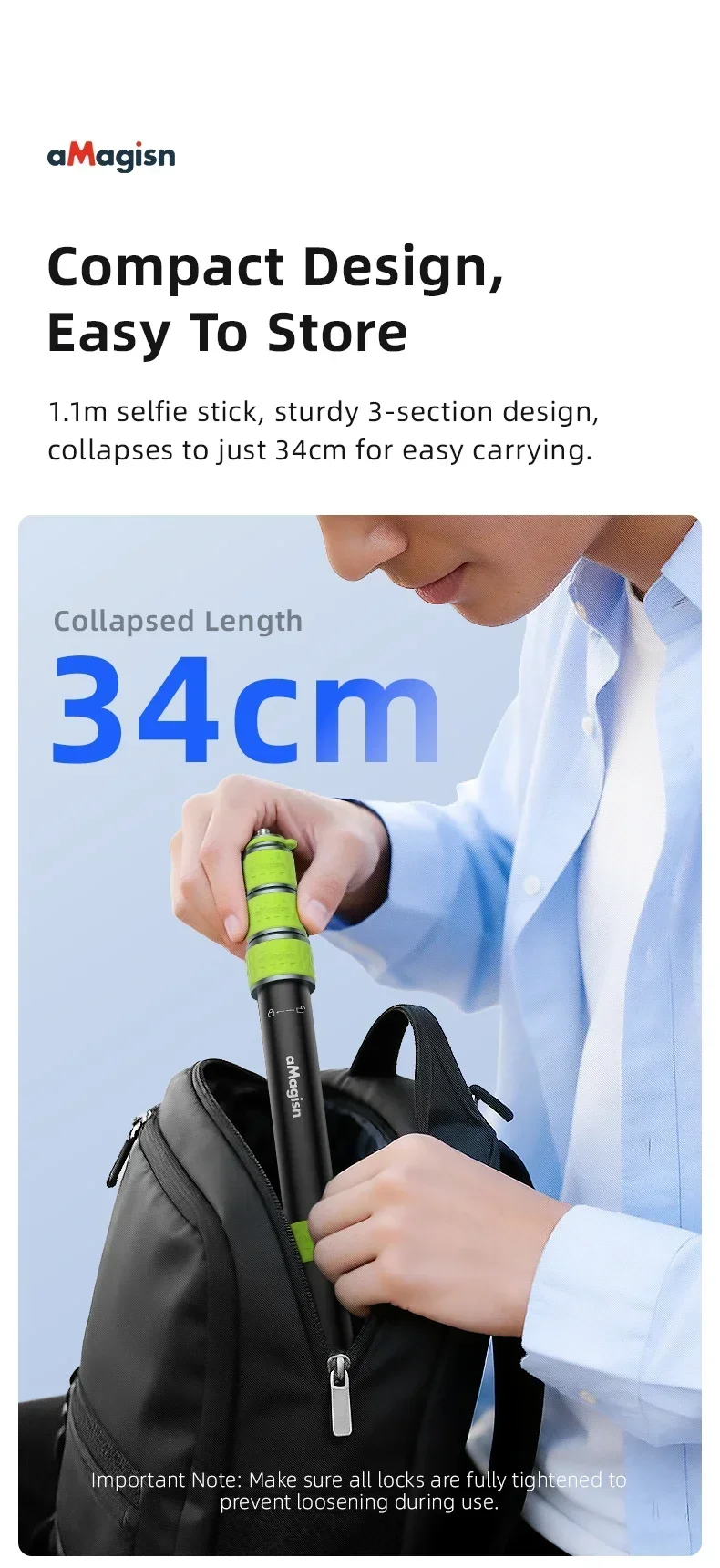 aMagisn 1,5 m (59,0 Zoll) / 1,1 m (43,3 Zoll) Motorrad-Selfie-Stick für GoPro DJI Insta360, 1/4 Zoll unsichtbare Teleskopstange – Detail 7