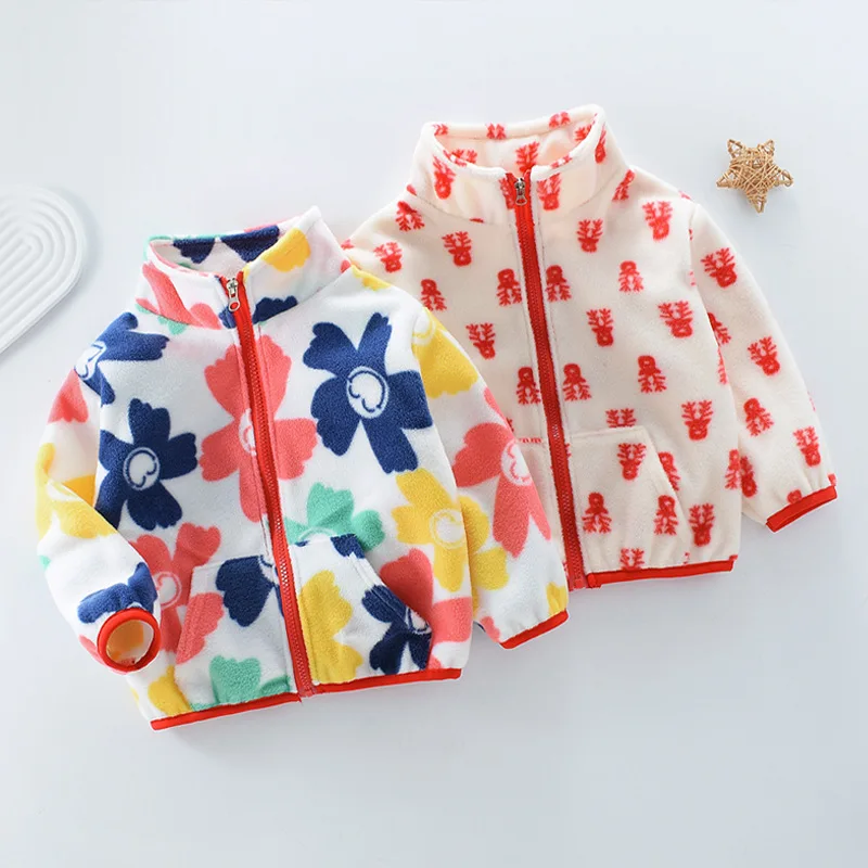 Baby Girls Fleece Coat Kids Cartoon Printed Outerwear Autumn Winter Warm Jacket 1 To 8Yrs Children\'s Thicken Clothing Casual