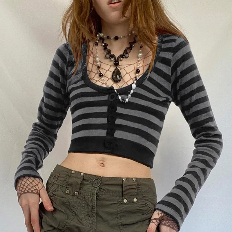 Gothic Style Slim Fit Long Sleeve T-Shirt U-Neck Button up Striped Color Block Top Women's Fashion Cross-Border Short Crop Top