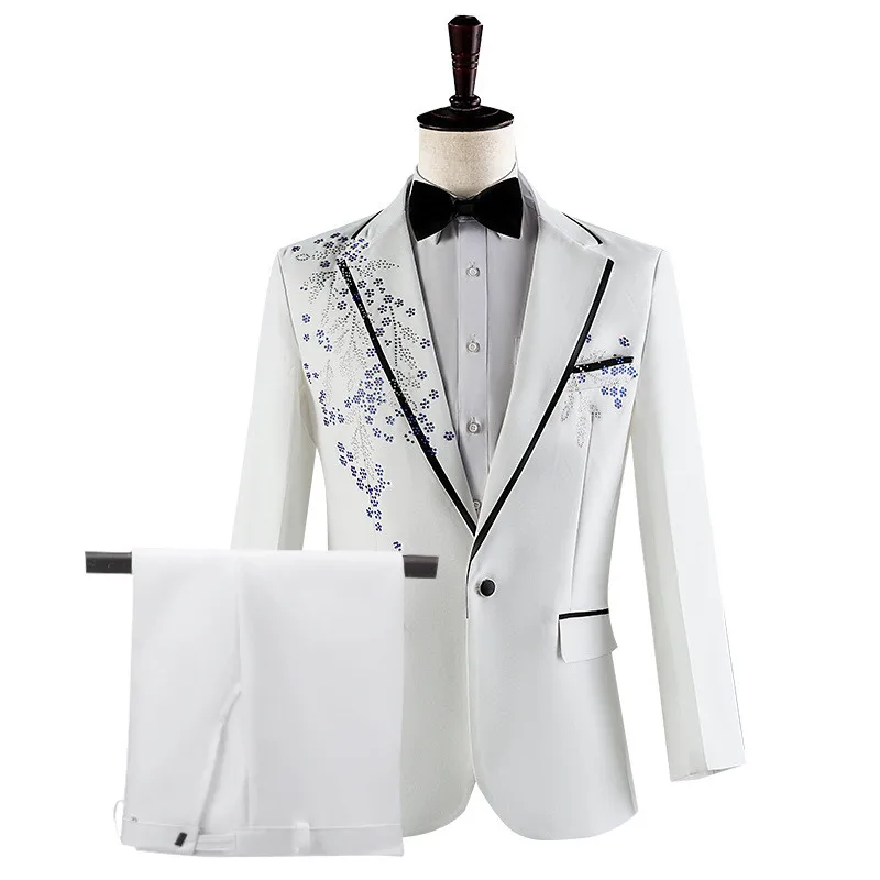 Men Rhinestones Suits Fashion Banquet Prom Slim Blazers Pants Set Male Singer Host Stage Chorus Performance Costume 2 Pieces